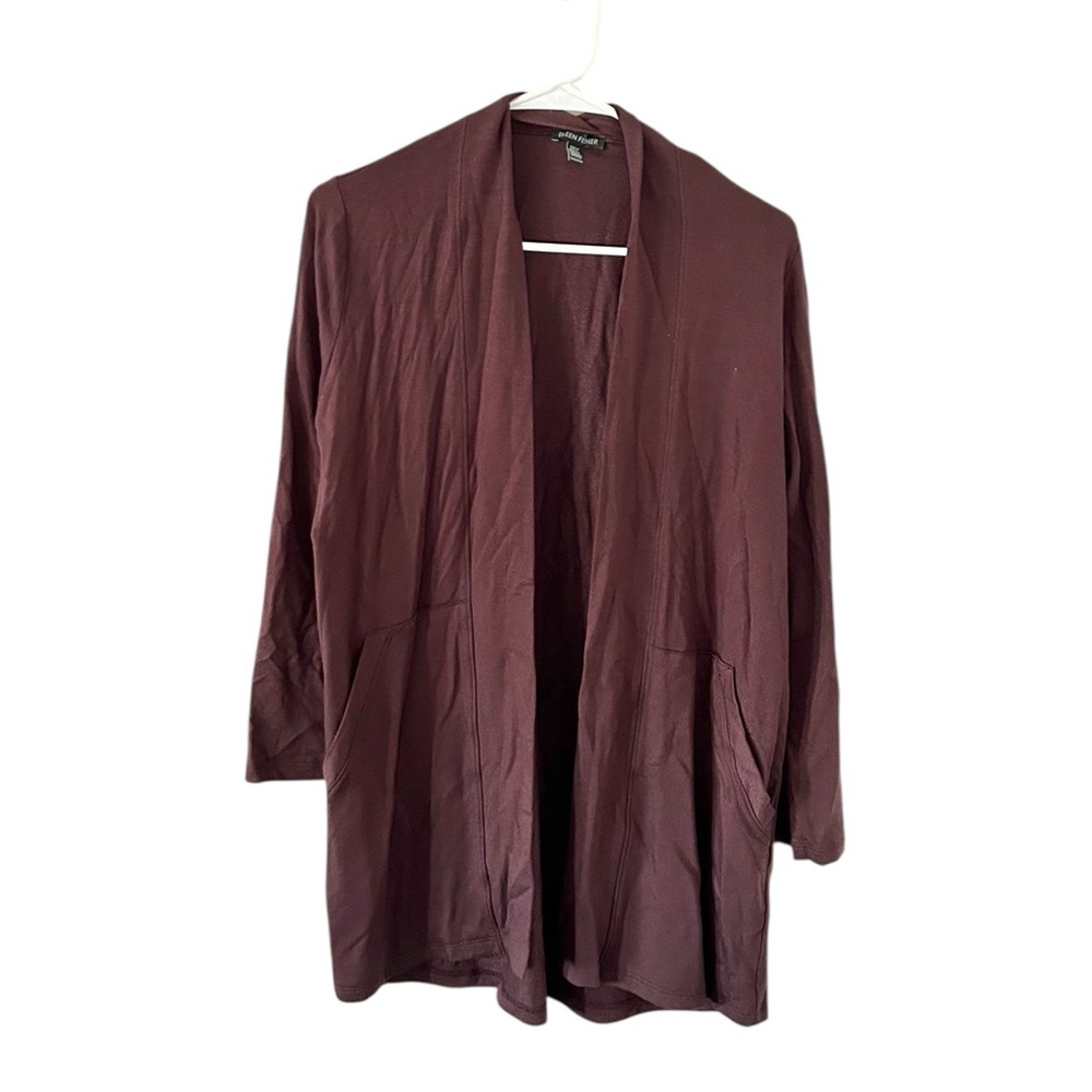 Eileen Fisher Maroon Open-Front Tencel Stretch Terry Cardigan